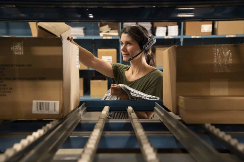 Woman in warehouse handsfree picking orders